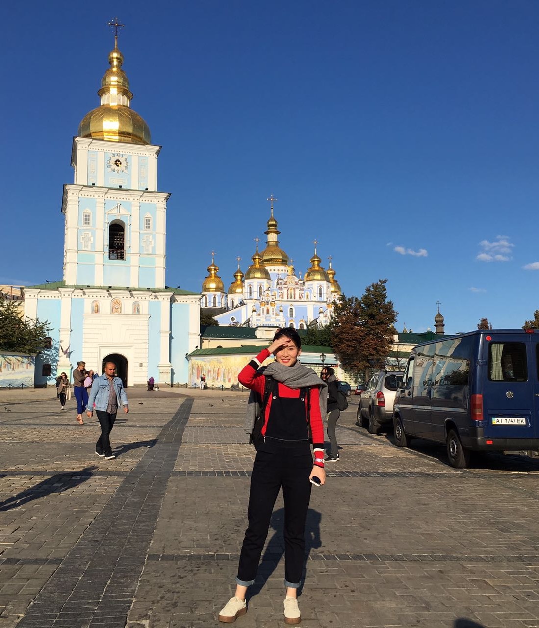 Lin in front of a church